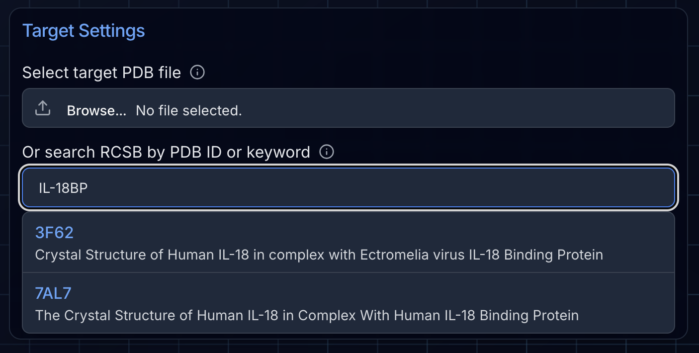 File upload region showing PDB search and upload options