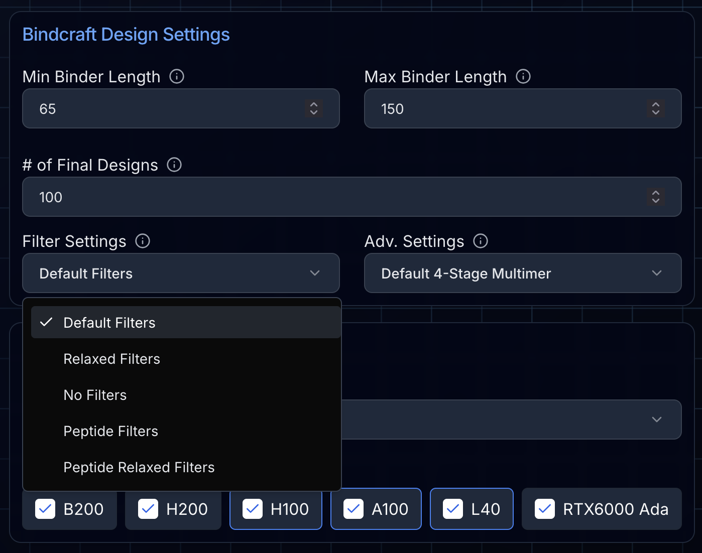 Filter settings interface showing default, relaxed, and peptide options