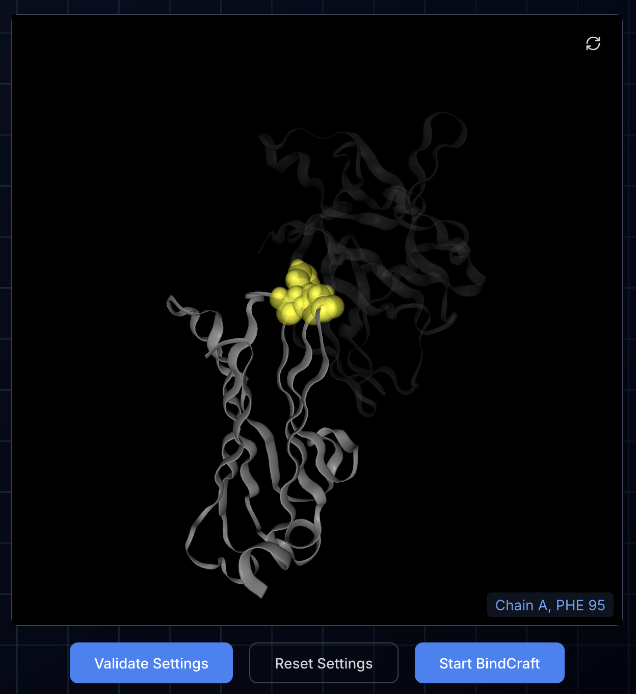 Structure visualization after validation with hotspot residues highlighted in yellow