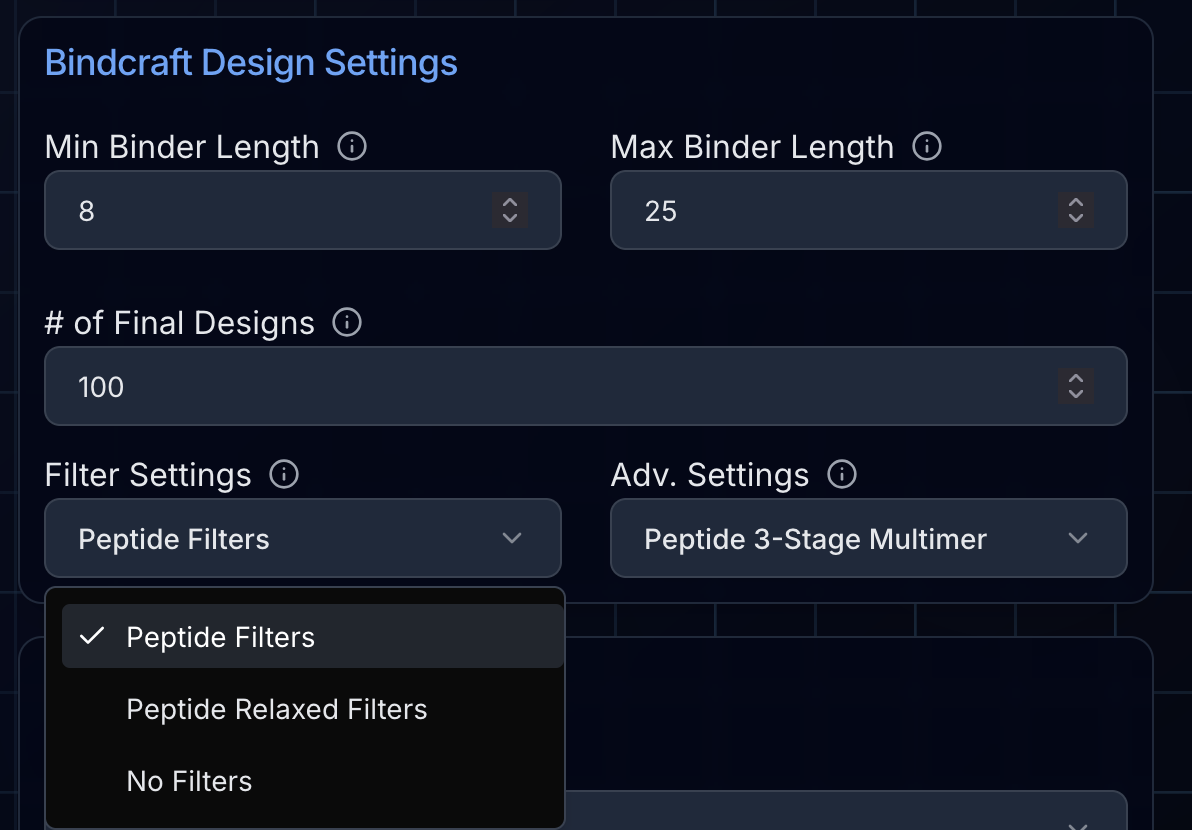 Peptide-specific settings showing length range and filter options