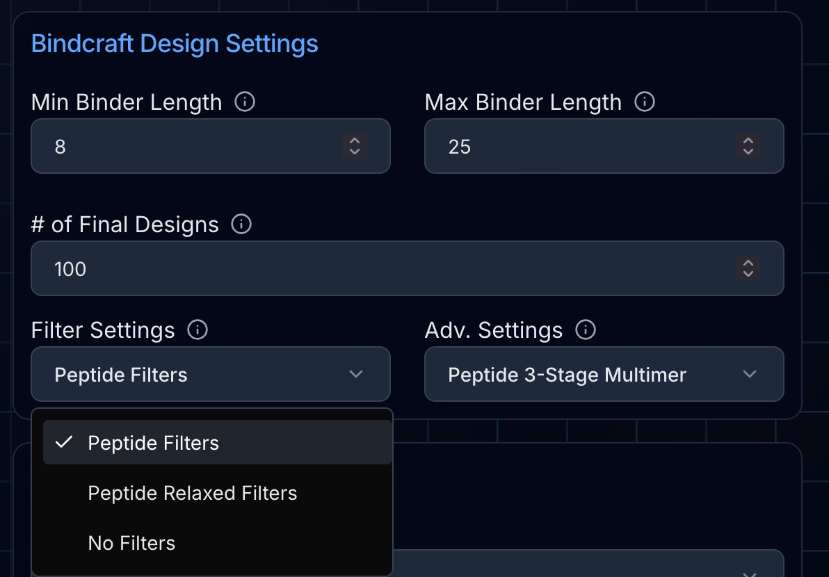 Peptide-specific settings showing length range and filter options