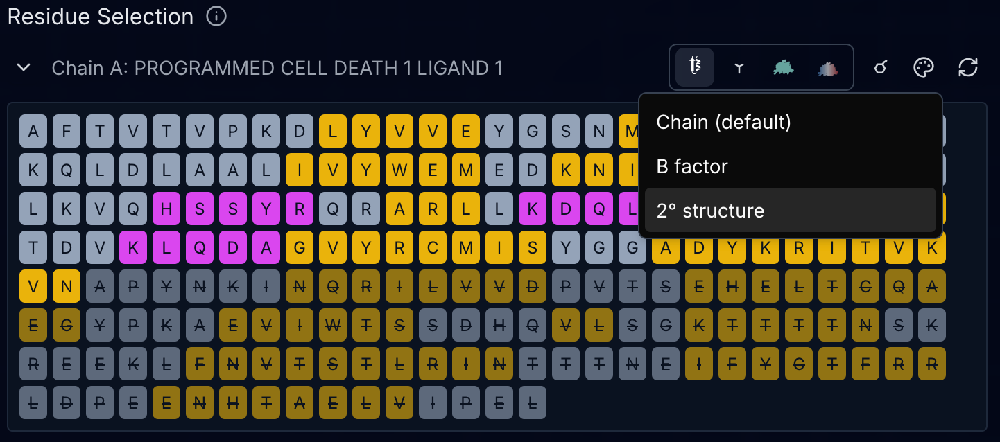 Coloring dropdown showing chain, B-factor, and secondary structure options